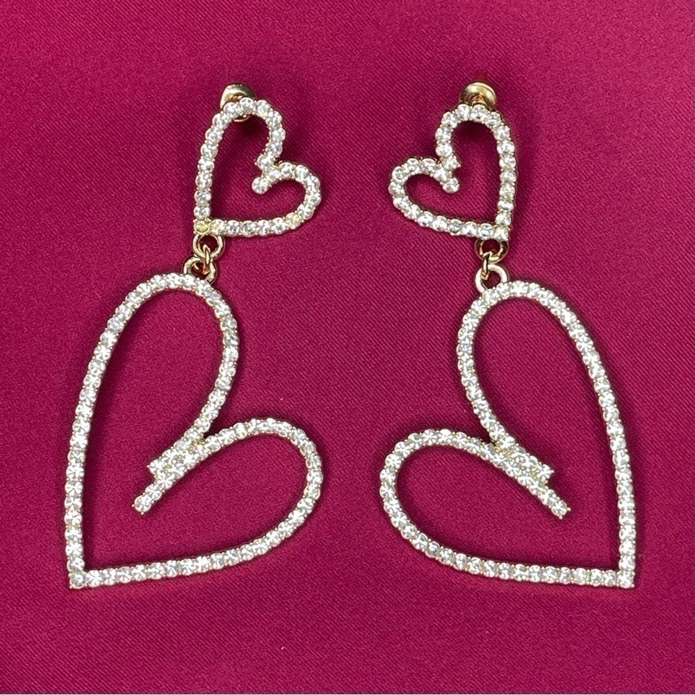 Gold Rhinestone Double Love Heart Drop Dangle Earrings Nwt - Picture 2 of 8